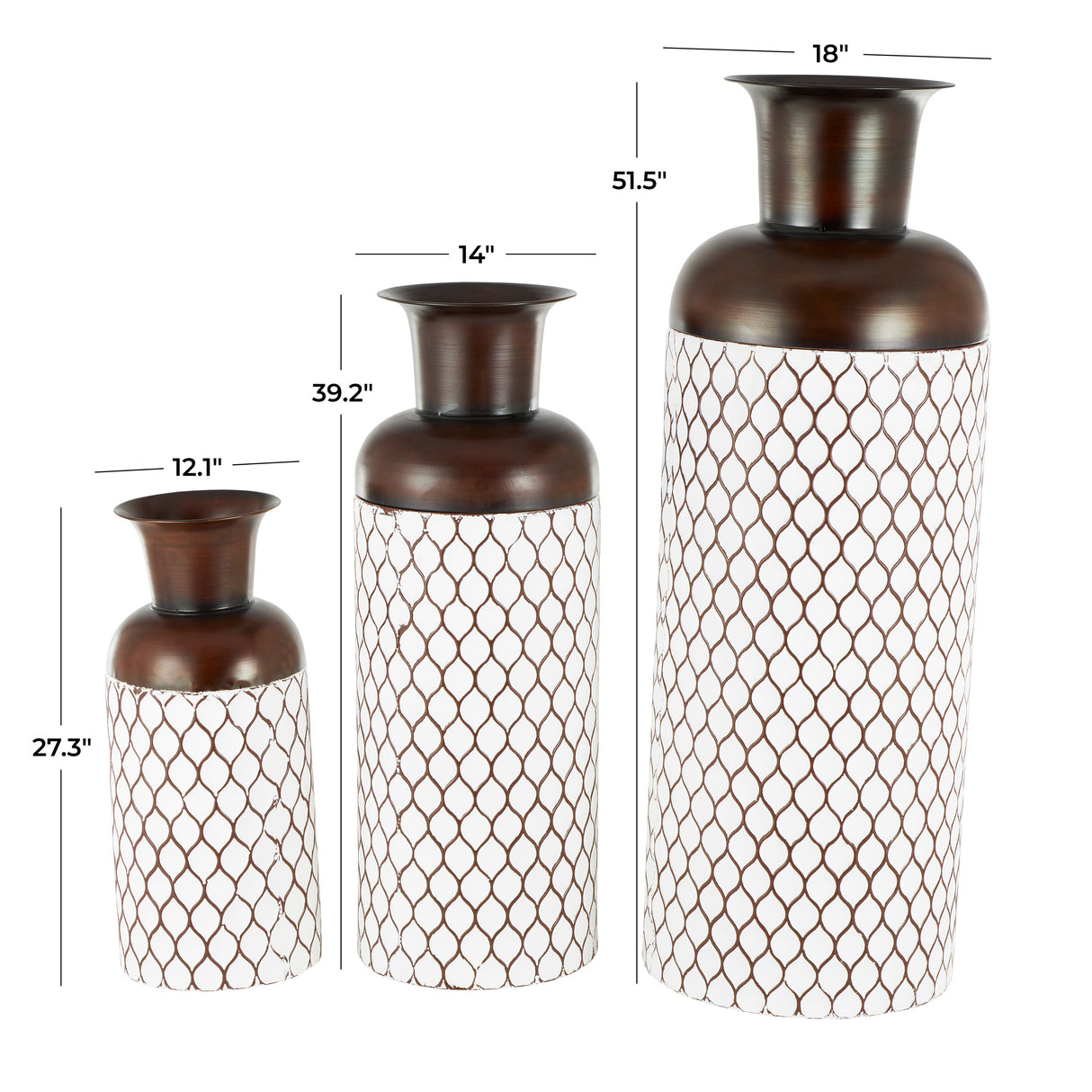 White Metal Tall Floor Vase with Brown Trumpet Tops (Set of 3)