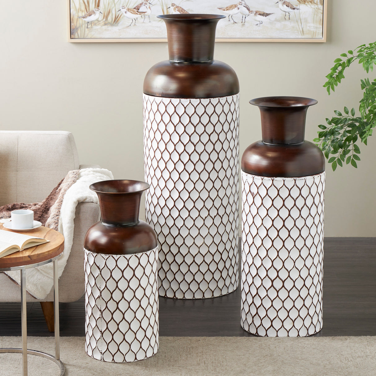 White Metal Tall Floor Vase with Brown Trumpet Tops (Set of 3)