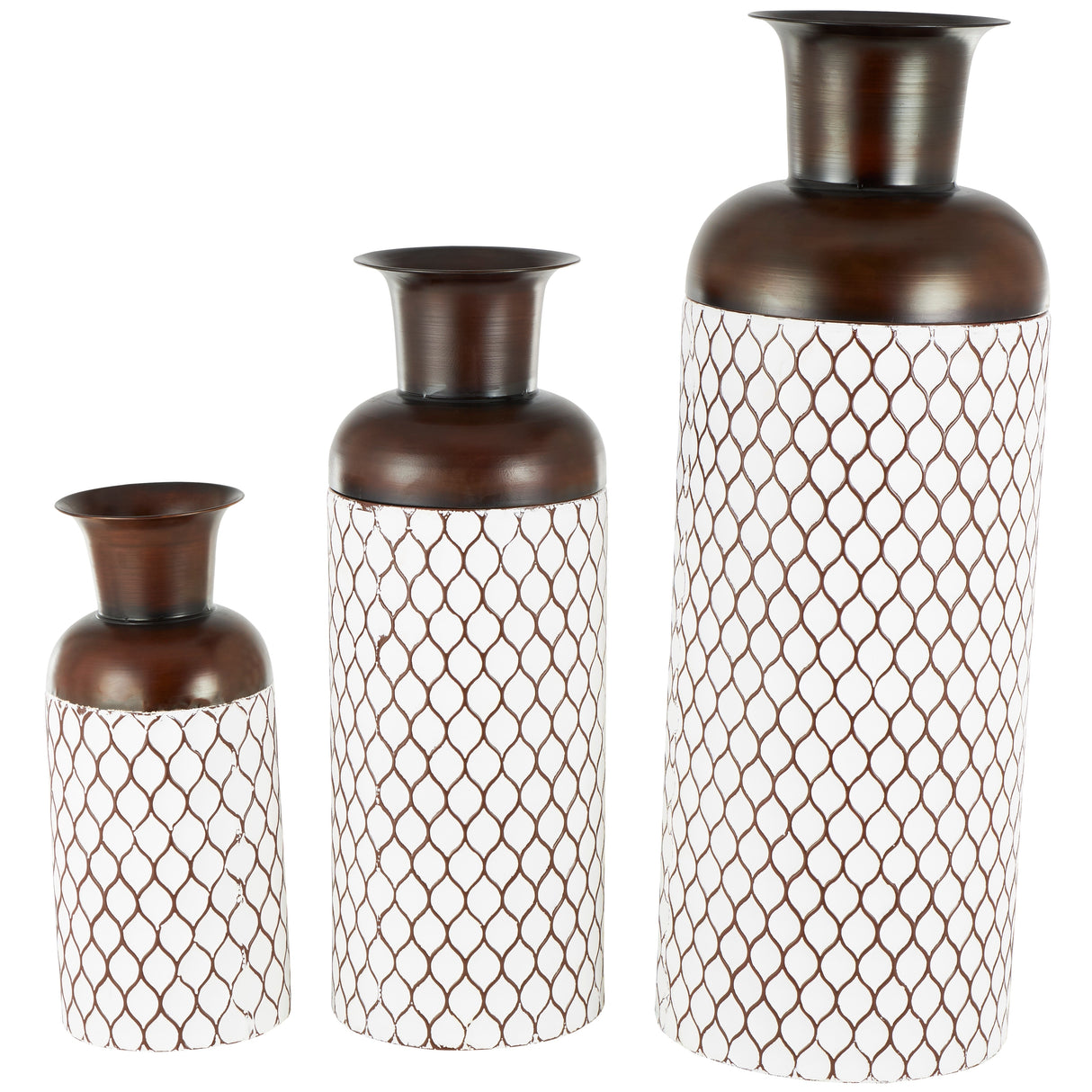 White Metal Tall Floor Vase with Brown Trumpet Tops (Set of 3)