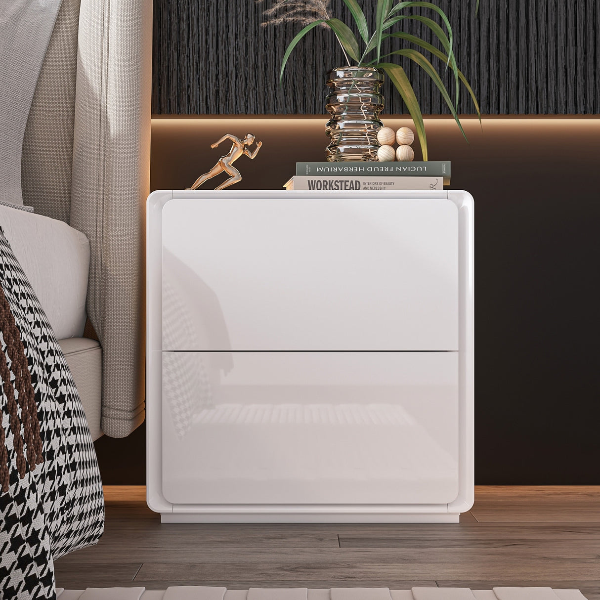 White Modern LED Nightstand High Gloss Bedside Tables with 2 Drawers