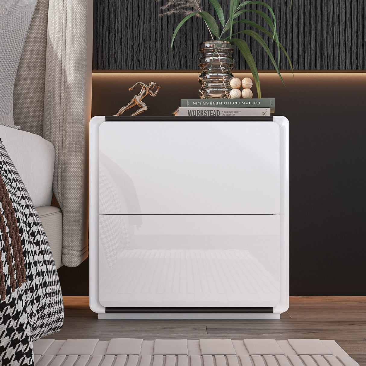 White Modern LED Nightstand High Gloss Bedside Tables with 2 Drawers