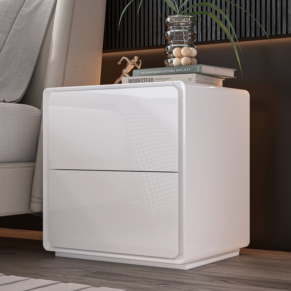 White Modern LED Nightstand High Gloss Bedside Tables with 2 Drawers