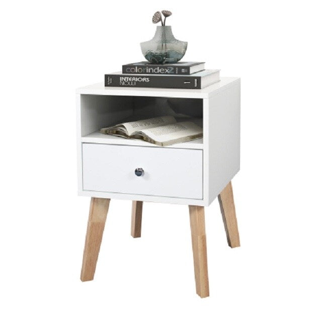 White Nightstand Side Table Side Table with Storage Drawers and Open Shelves Solid Wood Nightstand with Solid Wood Legs