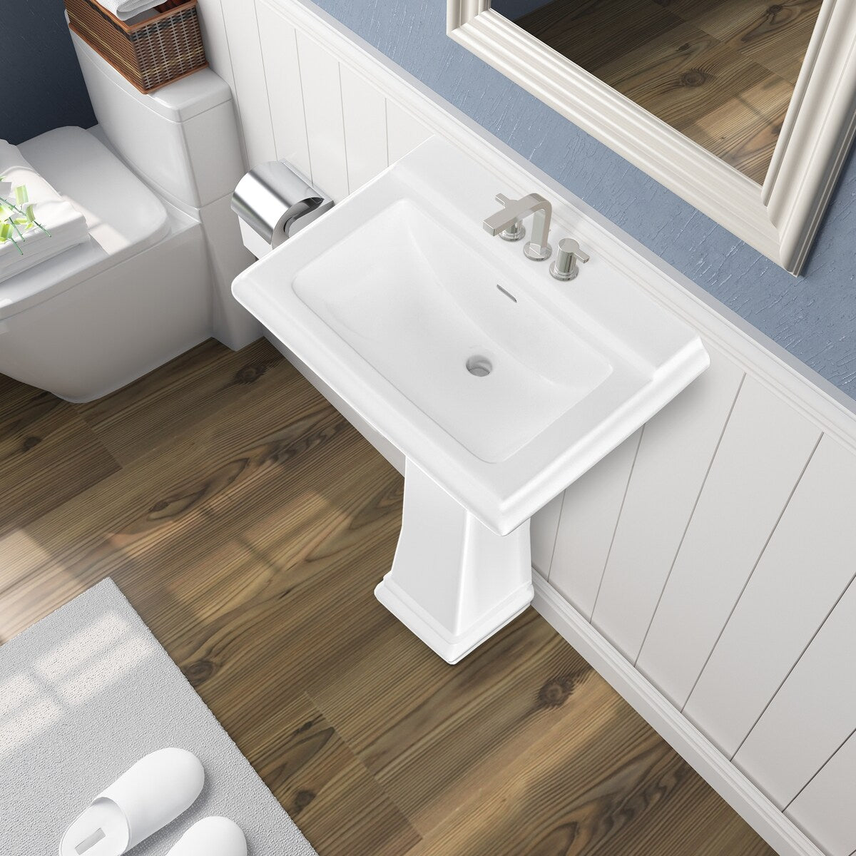 White Porcelain Rectangular Pedestal Bathroom Sink with Overflow