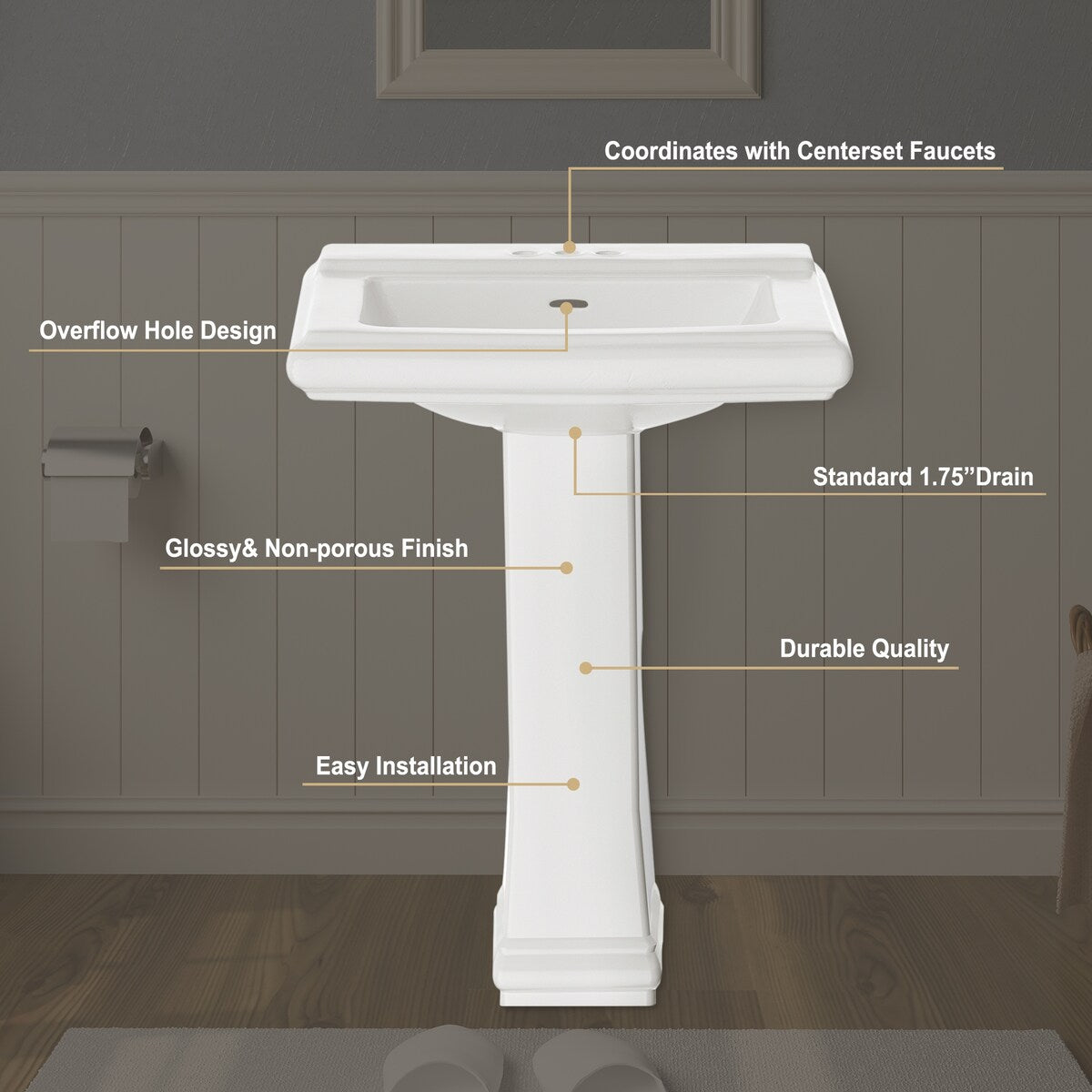 White Porcelain Rectangular Pedestal Bathroom Sink with Overflow