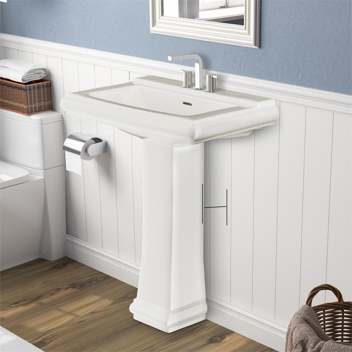 White Porcelain Rectangular Pedestal Bathroom Sink with Overflow