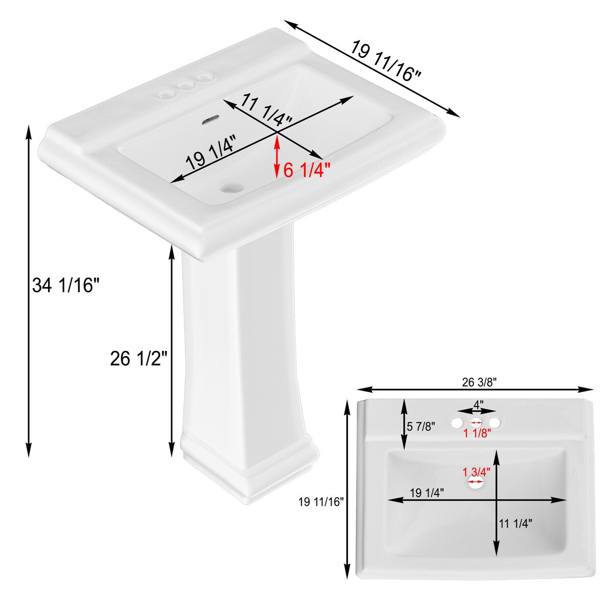 White Porcelain Rectangular Pedestal Bathroom Sink with Overflow