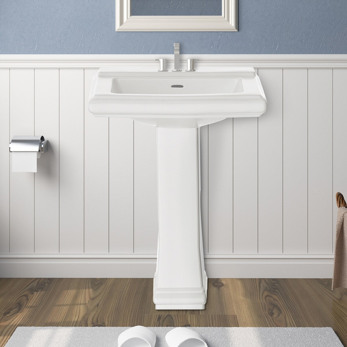 White Porcelain Rectangular Pedestal Bathroom Sink with Overflow