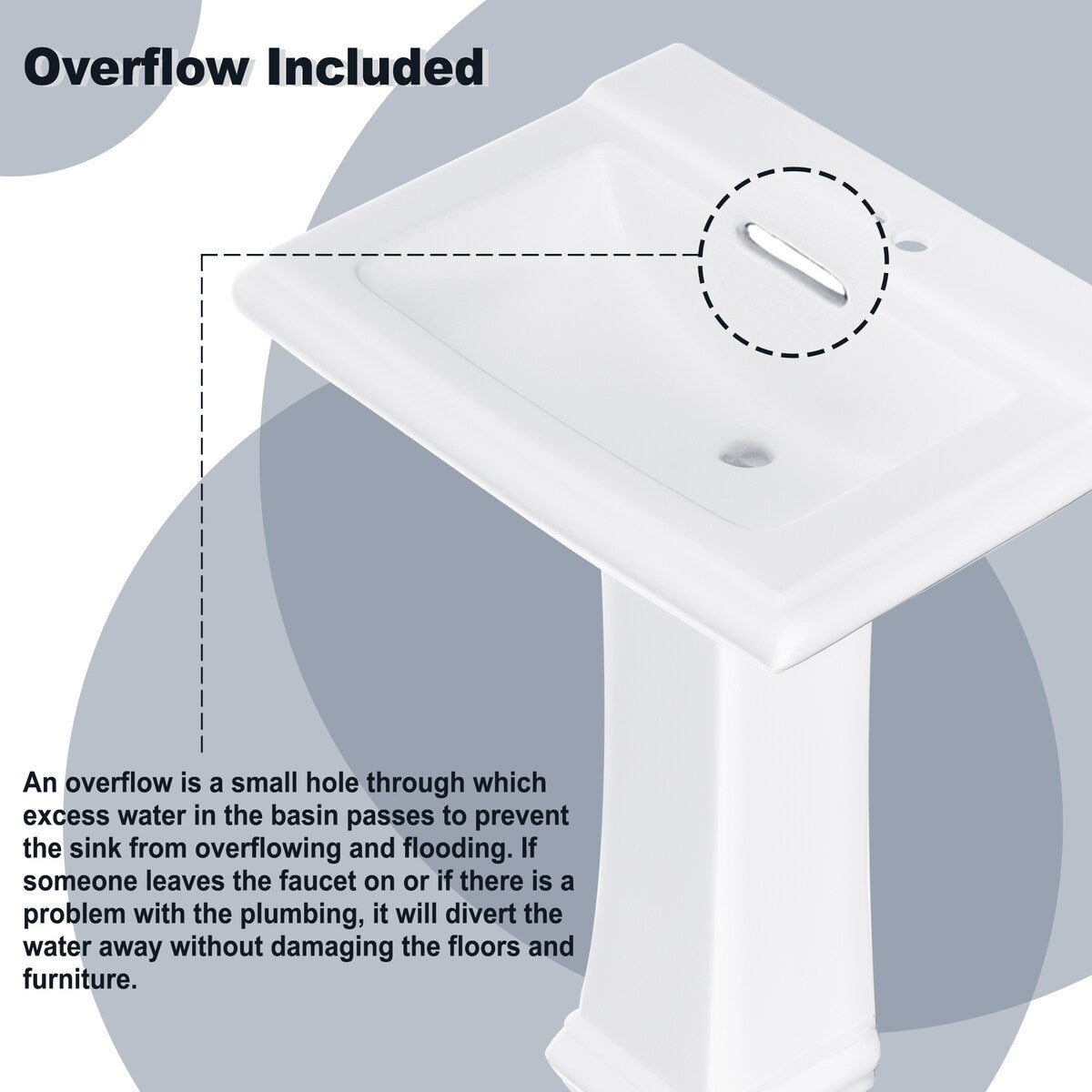 White Porcelain Rectangular Pedestal Bathroom Sink with Overflow