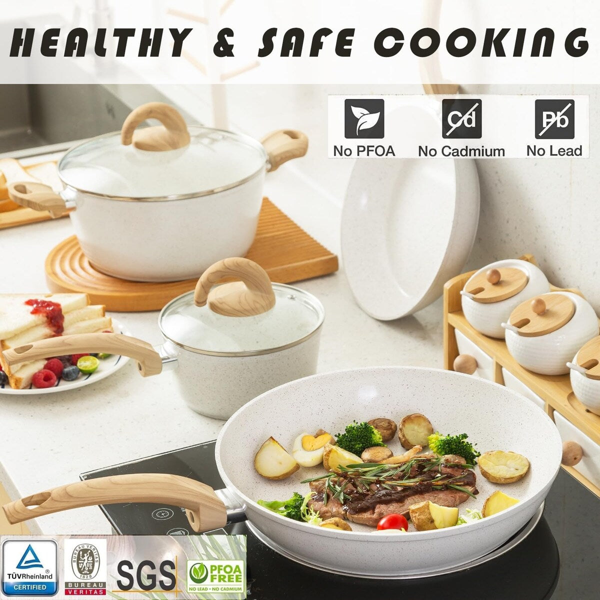White Pots and Pans Set Non Stick, Ceramic Cookware Set Kitchen Cooking Sets Induction Pot and Pan w/Frying Pans