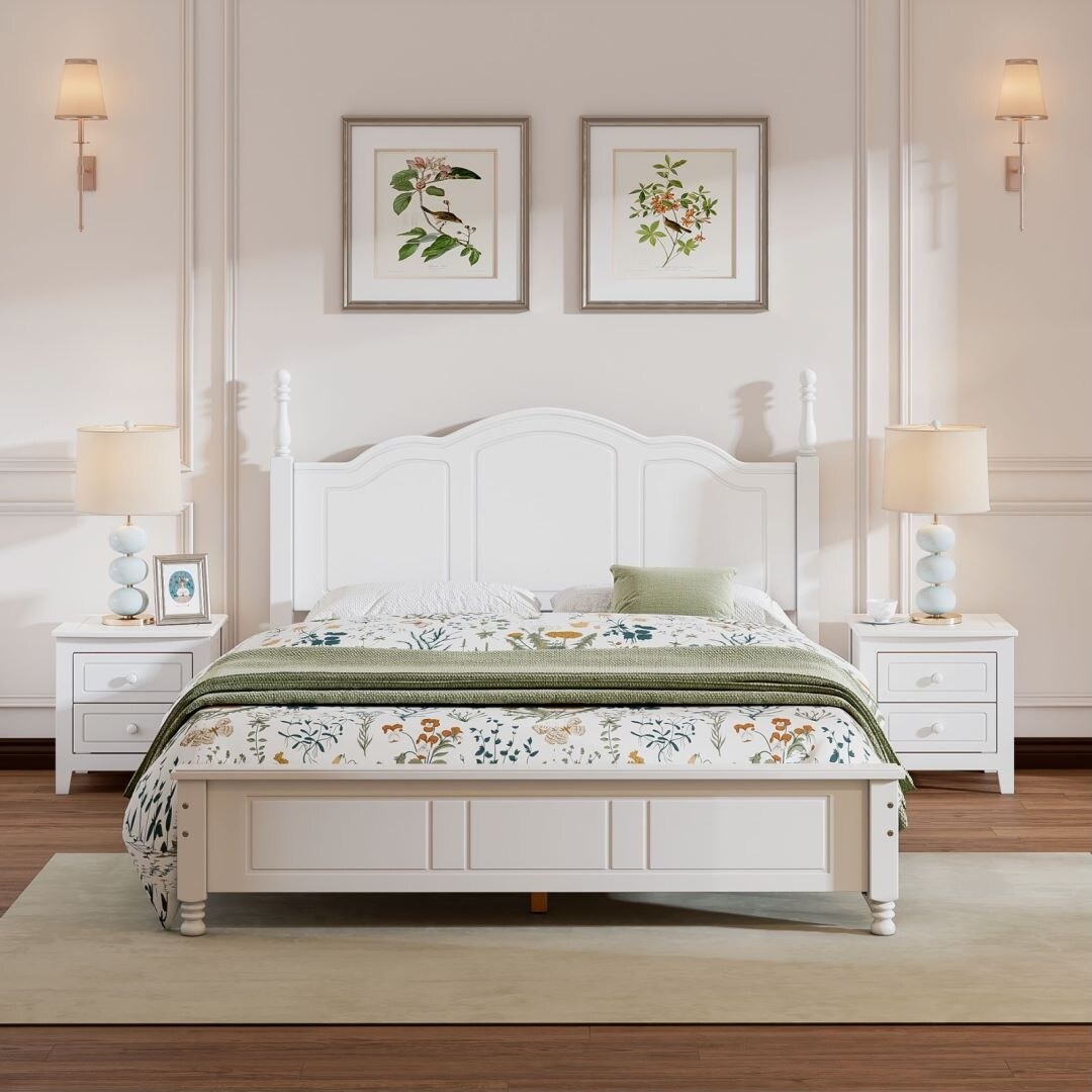 White Queen Size Wood Platform Bed and Two Nightstands