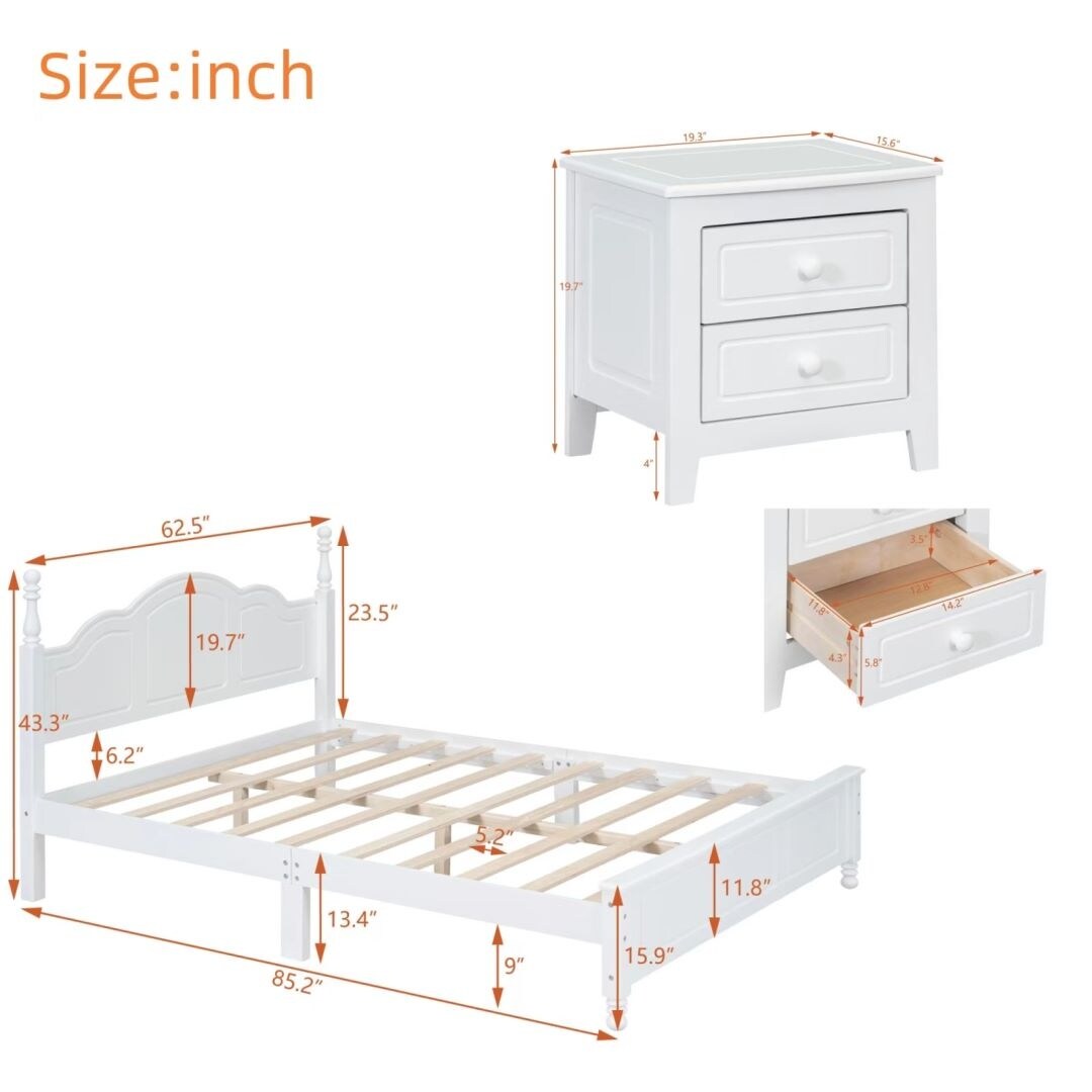 White Queen Size Wood Platform Bed and Two Nightstands