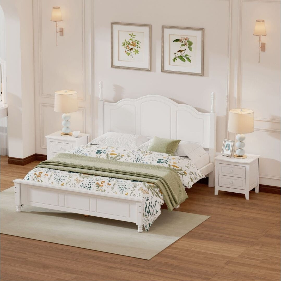 White Queen Size Wood Platform Bed and Two Nightstands