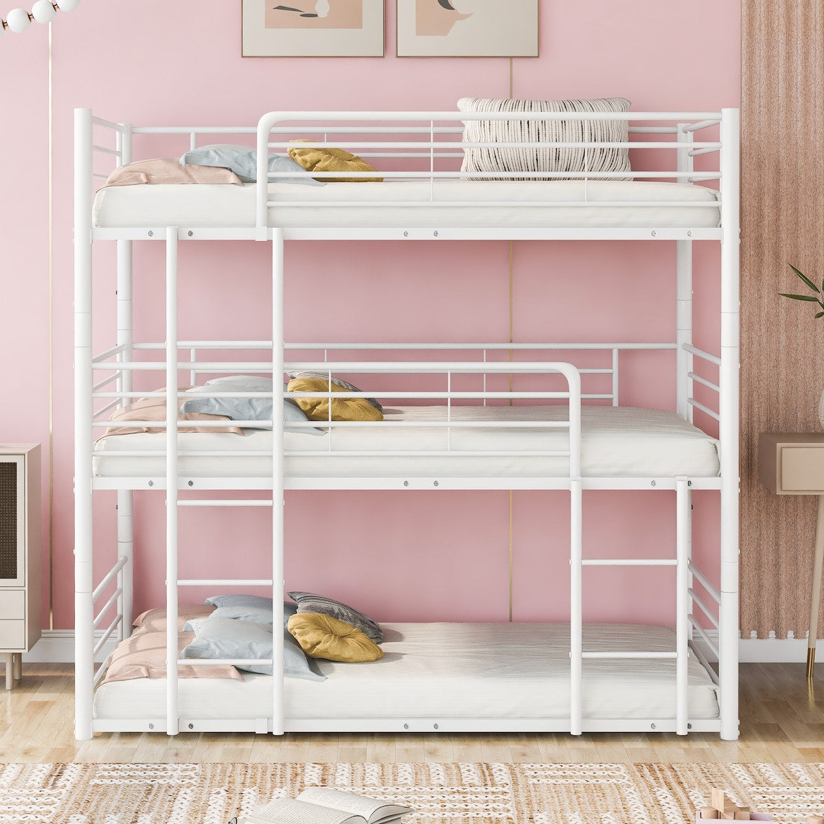 White Separable Twin-Twin-Twin Metal Frame Triple Bunk Bed with Built-in Ladder, Total 3 Metal Twin Beds