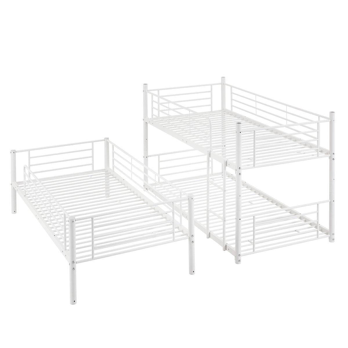 White Separable Twin-Twin-Twin Metal Frame Triple Bunk Bed with Built-in Ladder, Total 3 Metal Twin Beds