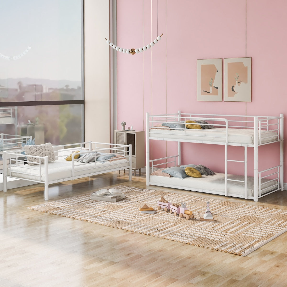 White Separable Twin-Twin-Twin Metal Frame Triple Bunk Bed with Built-in Ladder, Total 3 Metal Twin Beds
