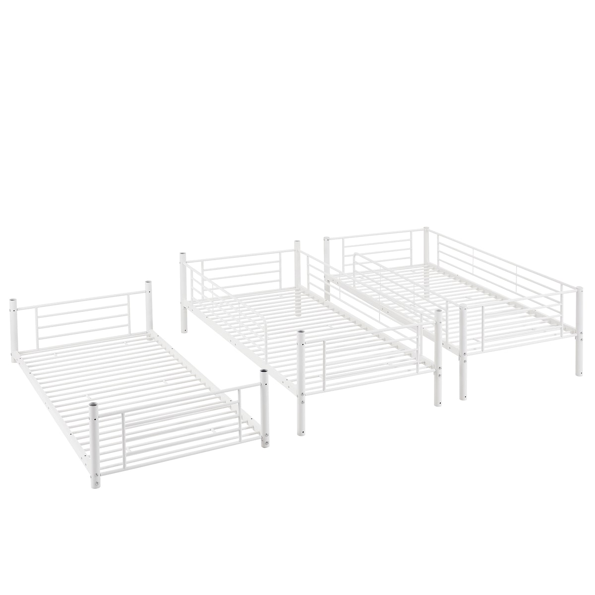 White Separable Twin-Twin-Twin Metal Frame Triple Bunk Bed with Built-in Ladder, Total 3 Metal Twin Beds