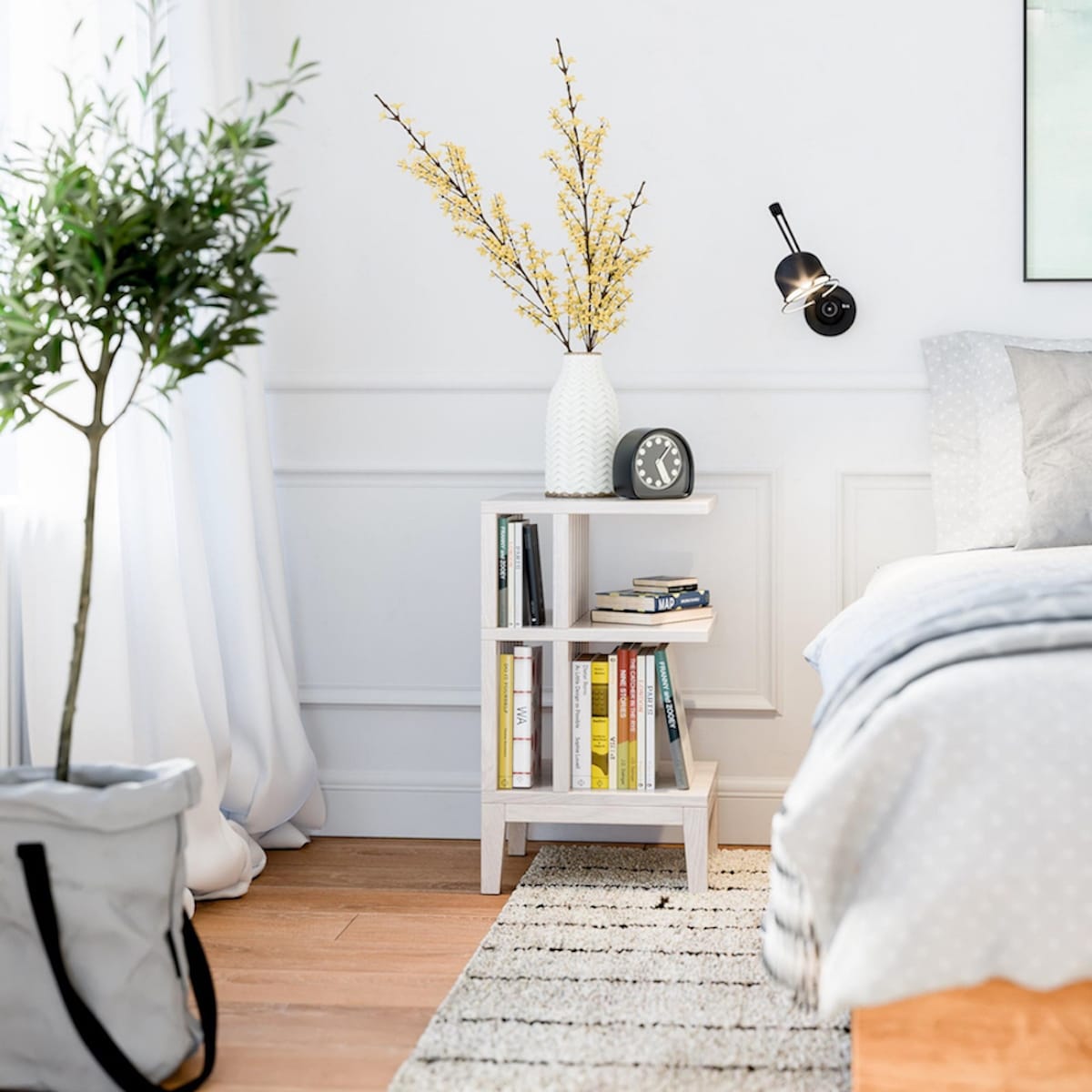 Hardwood Nightstand with Three Shelves, Modern Farmhouse Side Table
