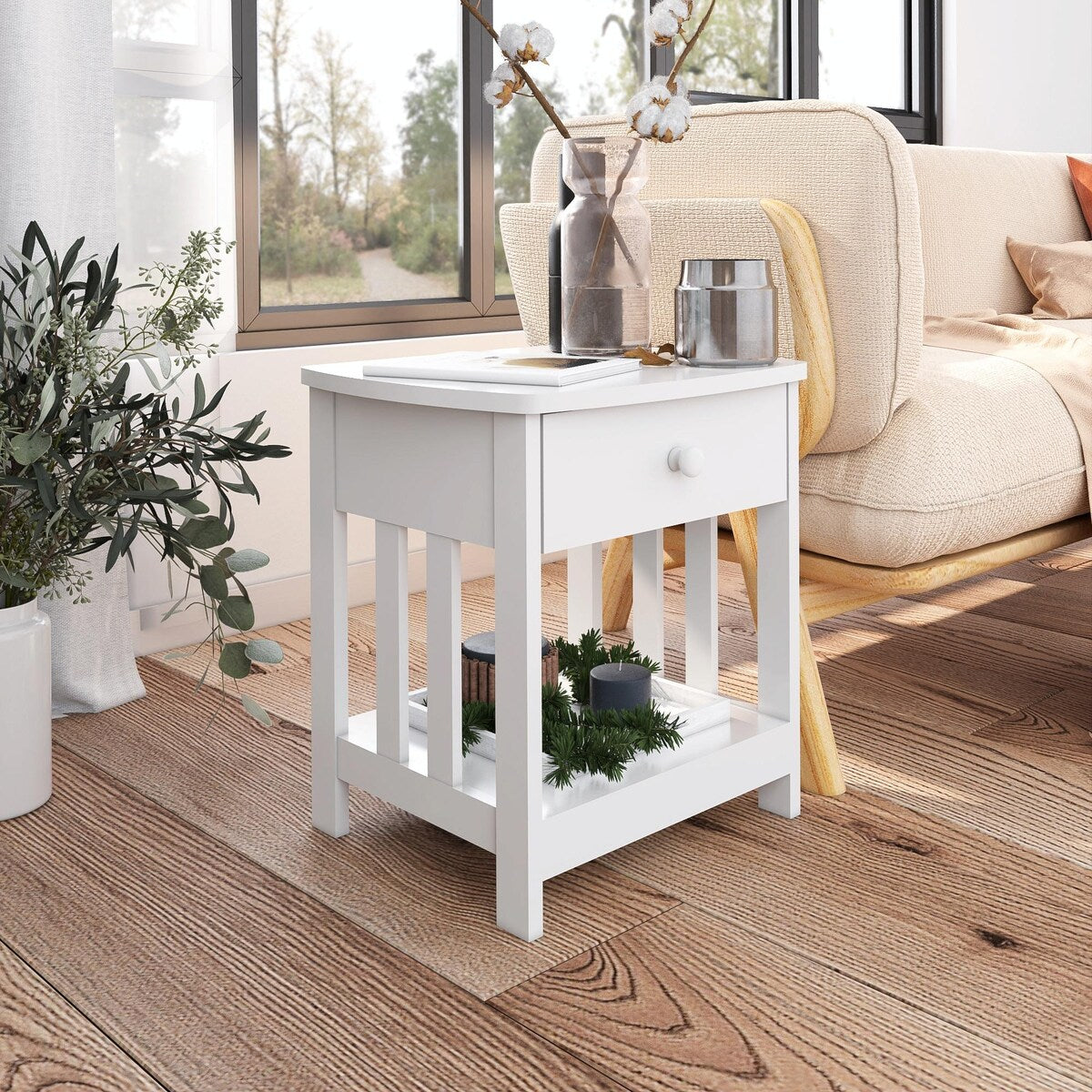 White Solid Wood Mission Side Table: 1-Drawer Bedside & Living Room End Table