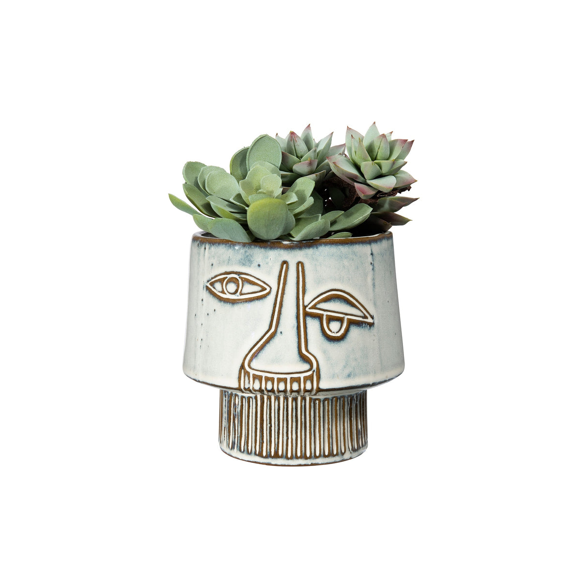 White Stoneware Vase with Abstract Face Design & Reactive Glaze Finish (Each one will vary)
