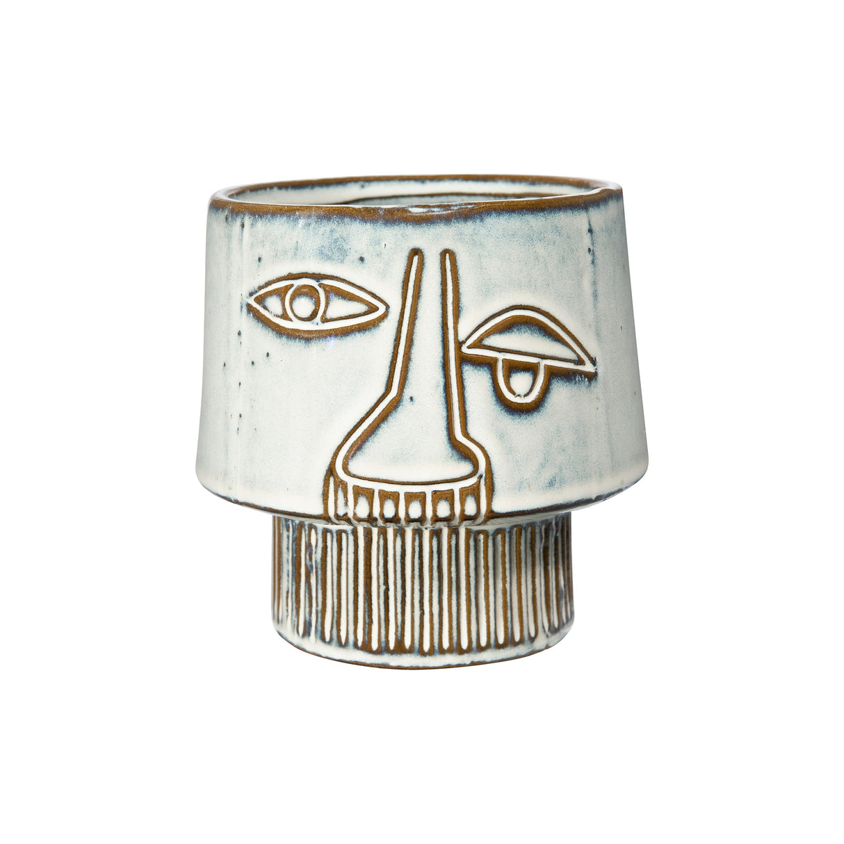 White Stoneware Vase with Abstract Face Design & Reactive Glaze Finish (Each one will vary)