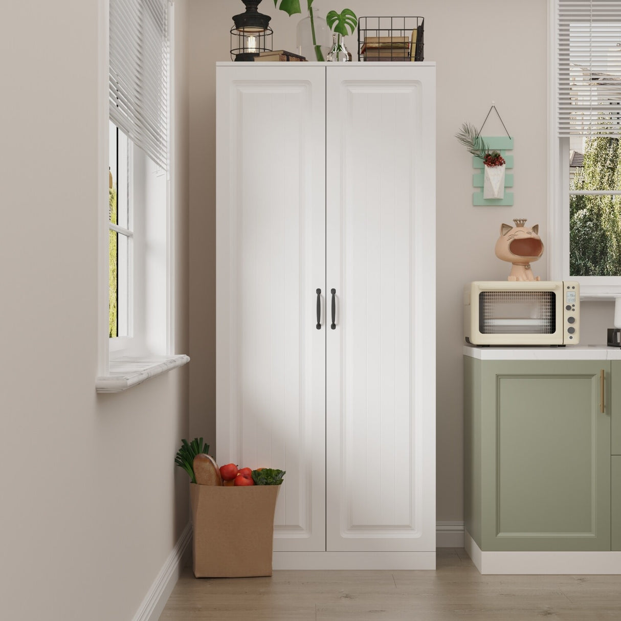 White Storage Cabinet: Kitchen Pantry, Buffet, Large 72.2"H Bookshelf