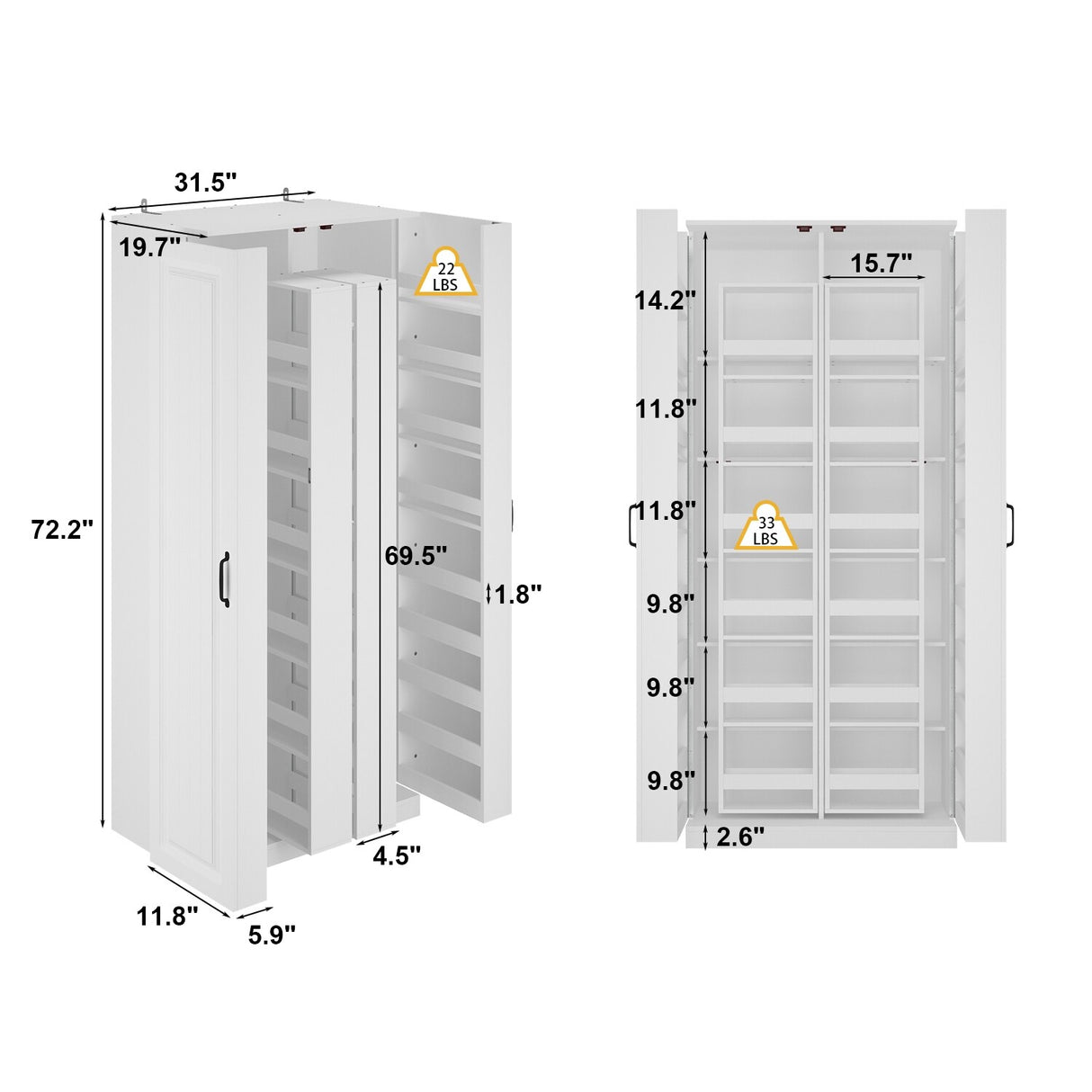White Storage Cabinet: Kitchen Pantry, Buffet, Large 72.2"H Bookshelf