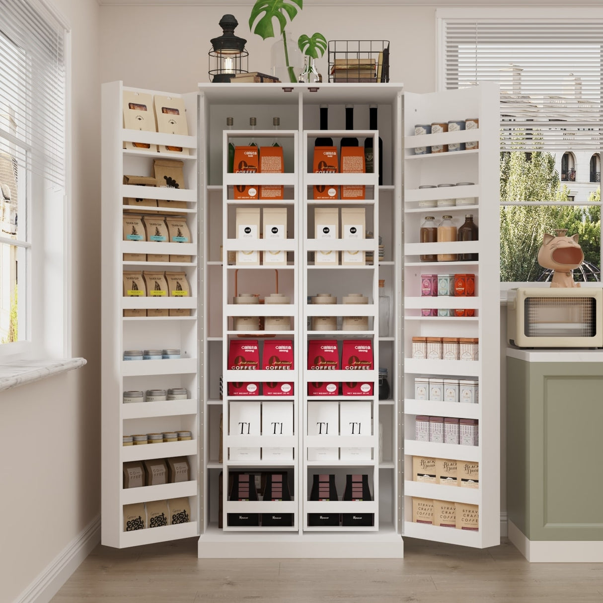 White Storage Cabinet: Kitchen Pantry, Buffet, Large 72.2"H Bookshelf