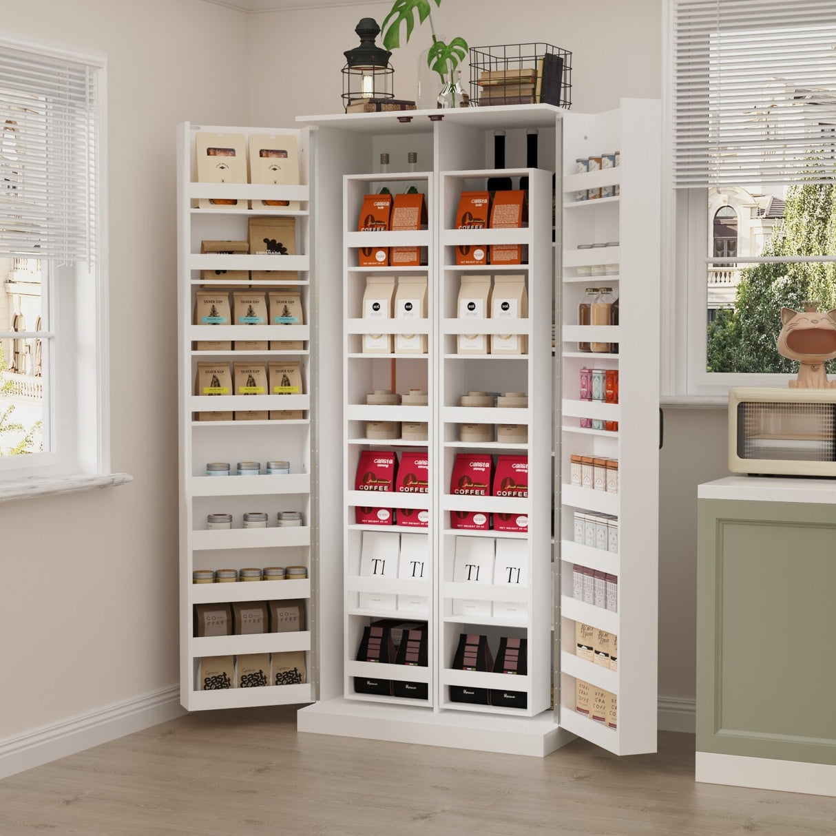 White Storage Cabinet: Kitchen Pantry, Buffet, Large 72.2"H Bookshelf