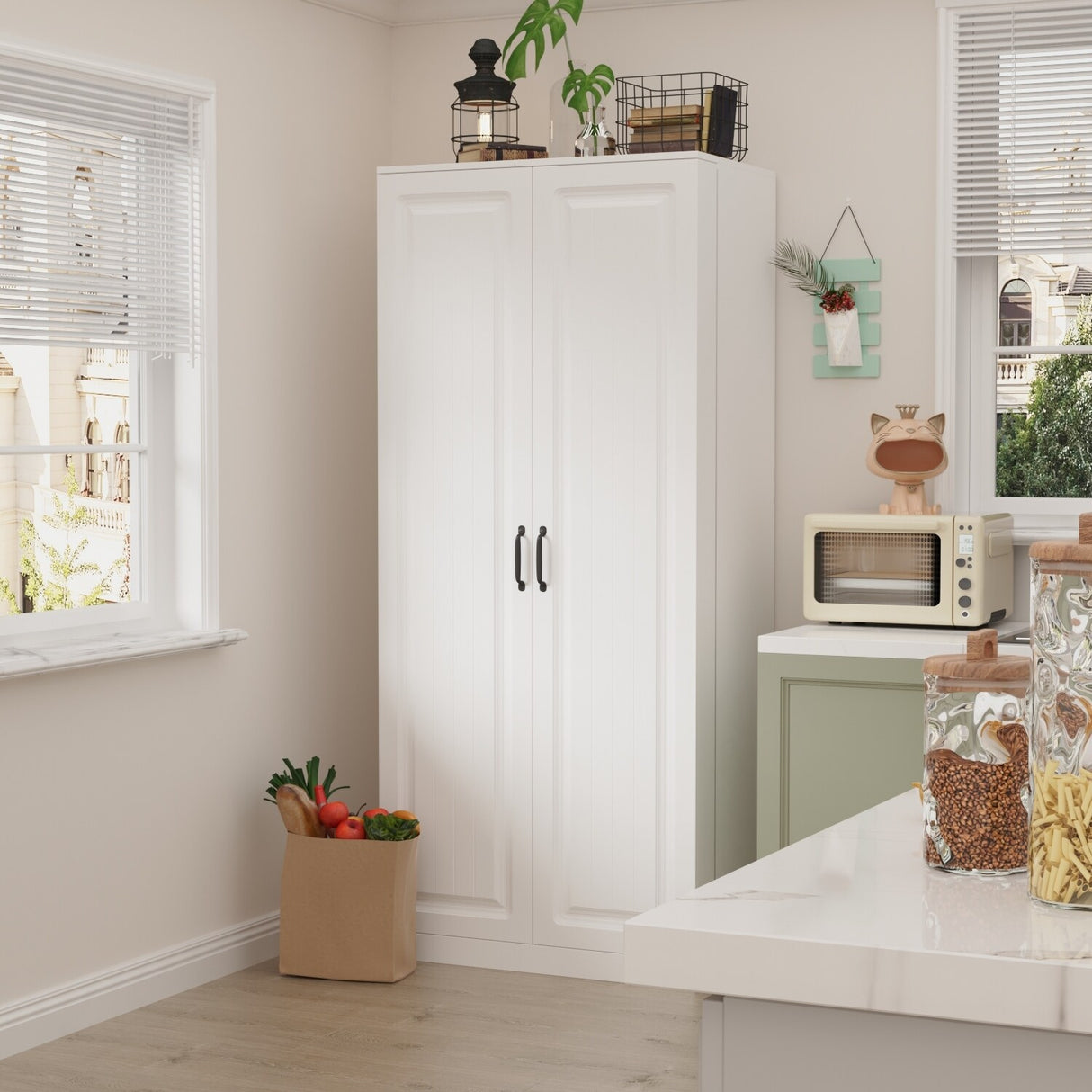 White Storage Cabinet: Kitchen Pantry, Buffet, Large 72.2"H Bookshelf