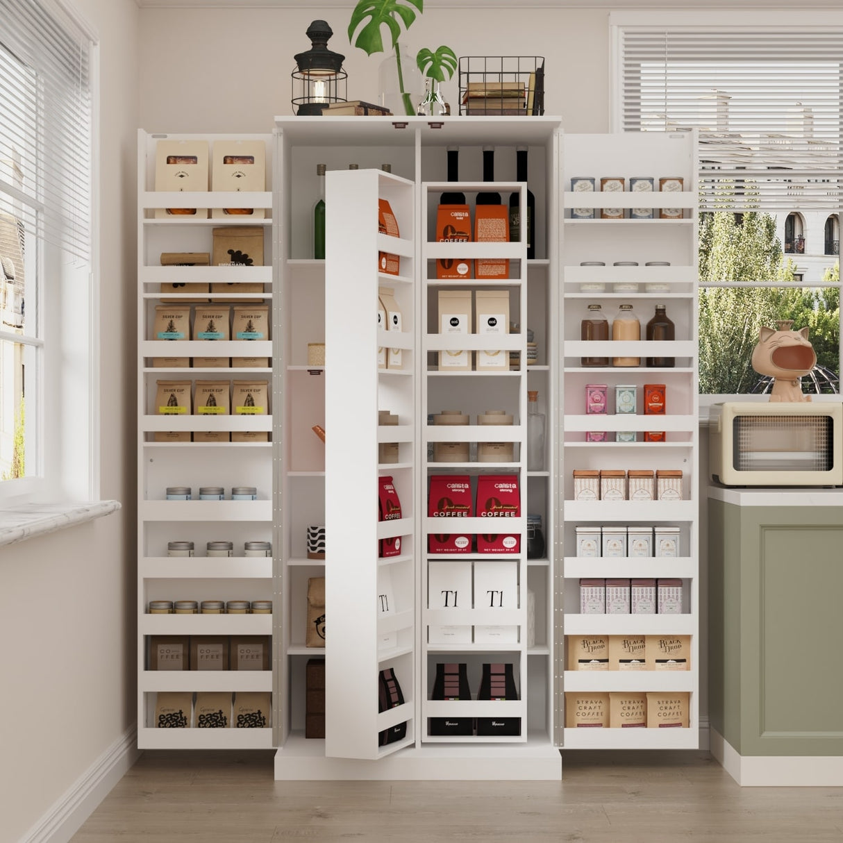 White Storage Cabinet: Kitchen Pantry, Buffet, Large 72.2"H Bookshelf