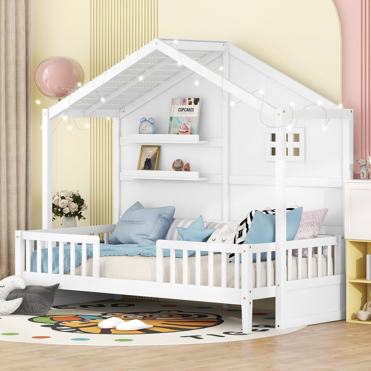 White Twin Size House Bed with Shelves, Window and Sparkling Light Strip on The Roof