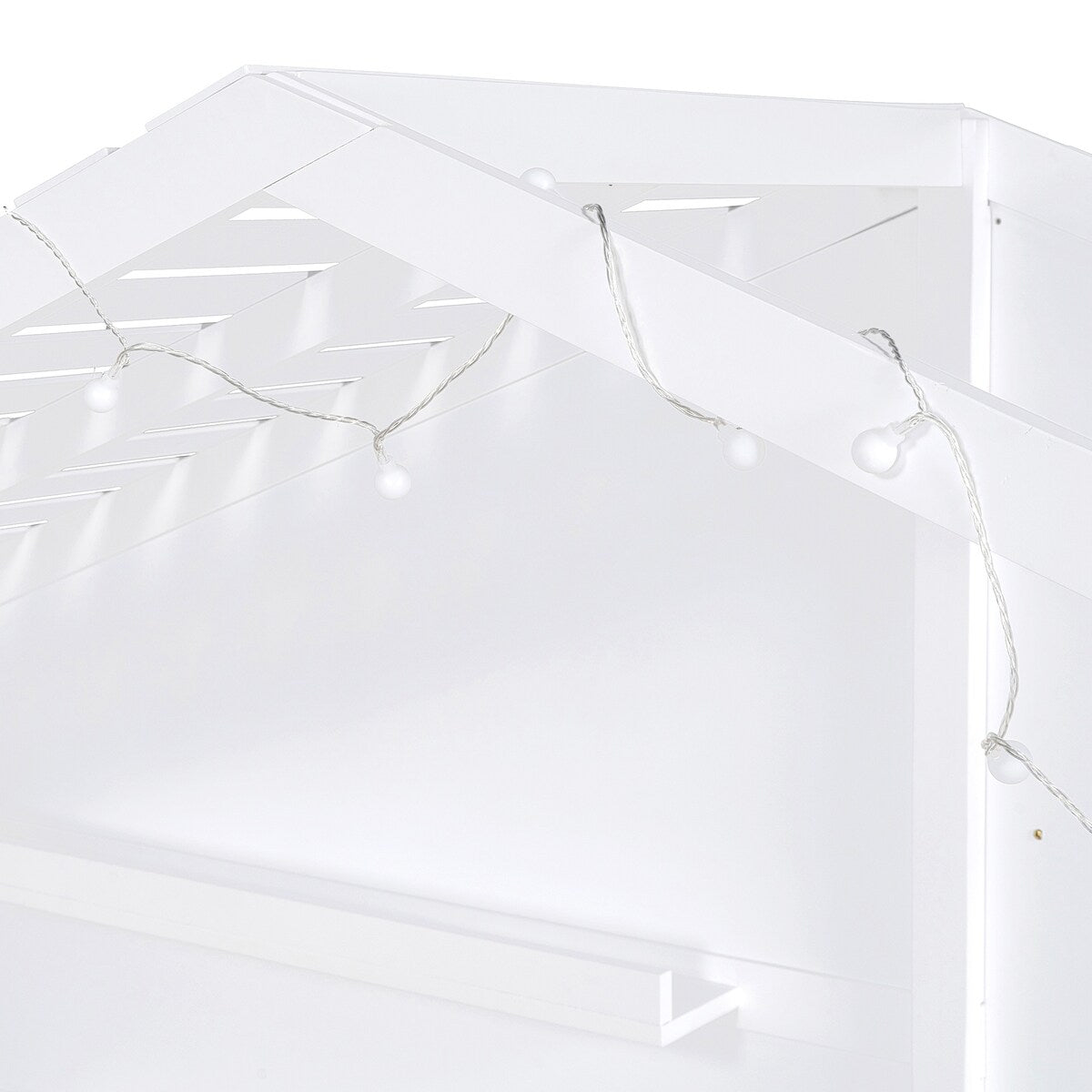 White Twin Size House Bed with Shelves, Window and Sparkling Light Strip on The Roof