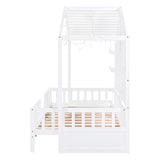 White Twin Size House Bed with Shelves, Window and Sparkling Light Strip on The Roof