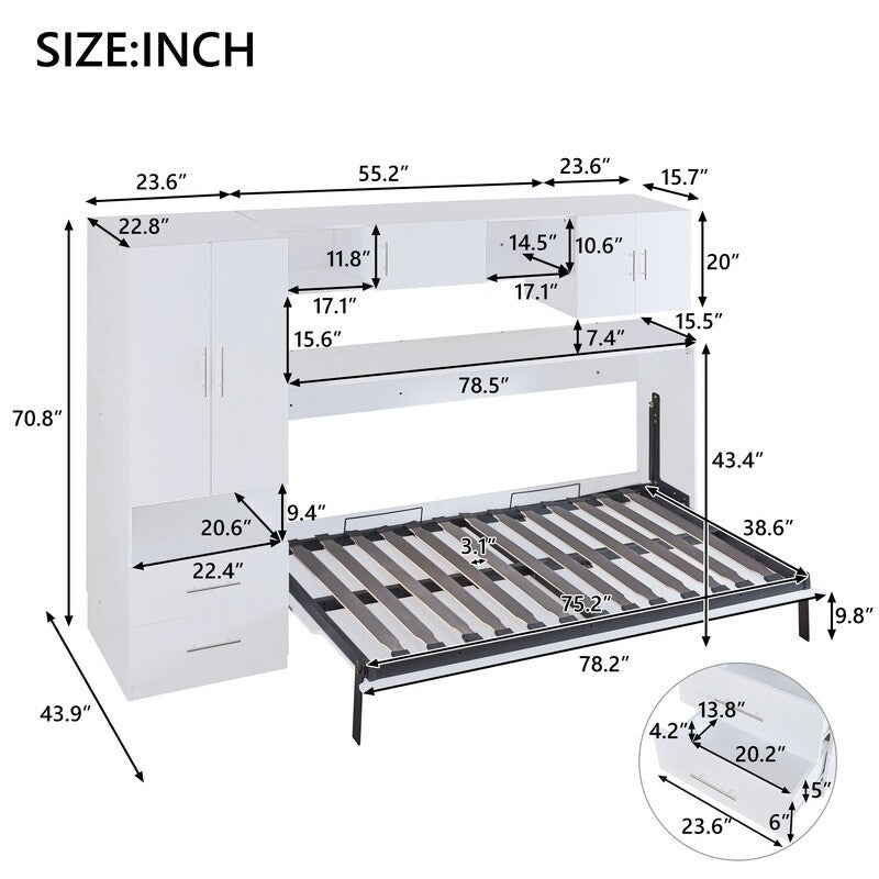 White Twin Size Murphy Bed Cabinet with Built-in Wardrobe and Table&Open Shelves&Drawers