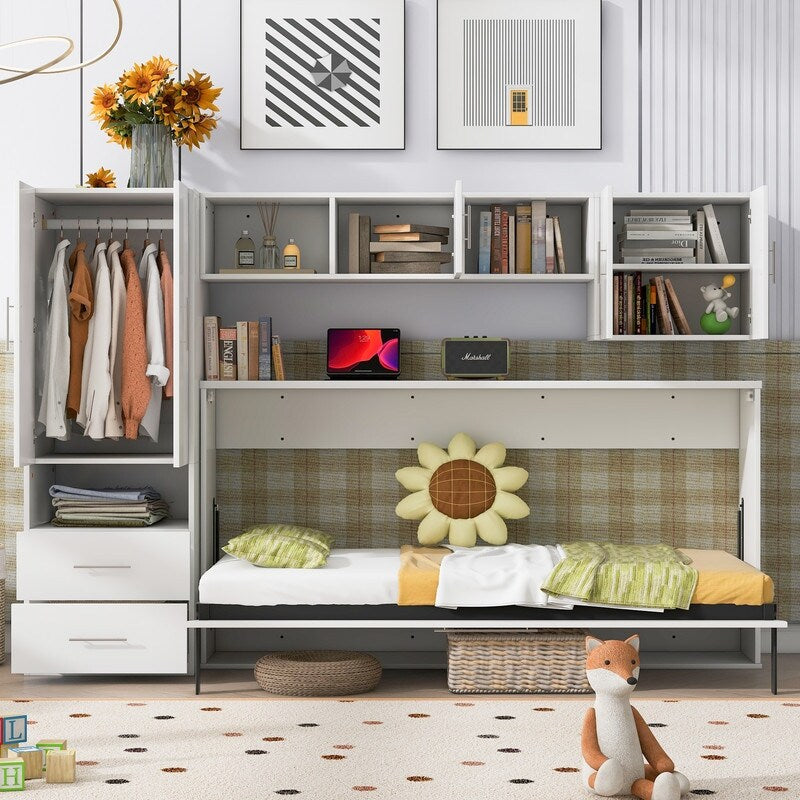 White Twin Size Murphy Bed Cabinet with Built-in Wardrobe and Table&Open Shelves&Drawers