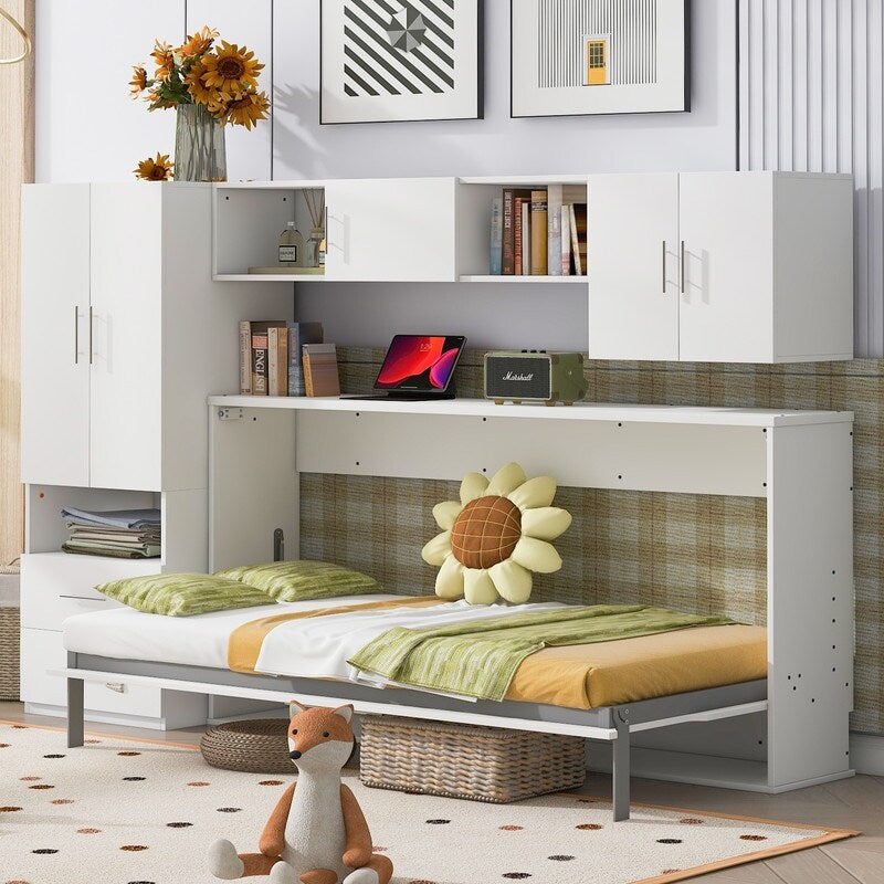 White Twin Size Murphy Bed Cabinet with Built-in Wardrobe and Table&Open Shelves&Drawers