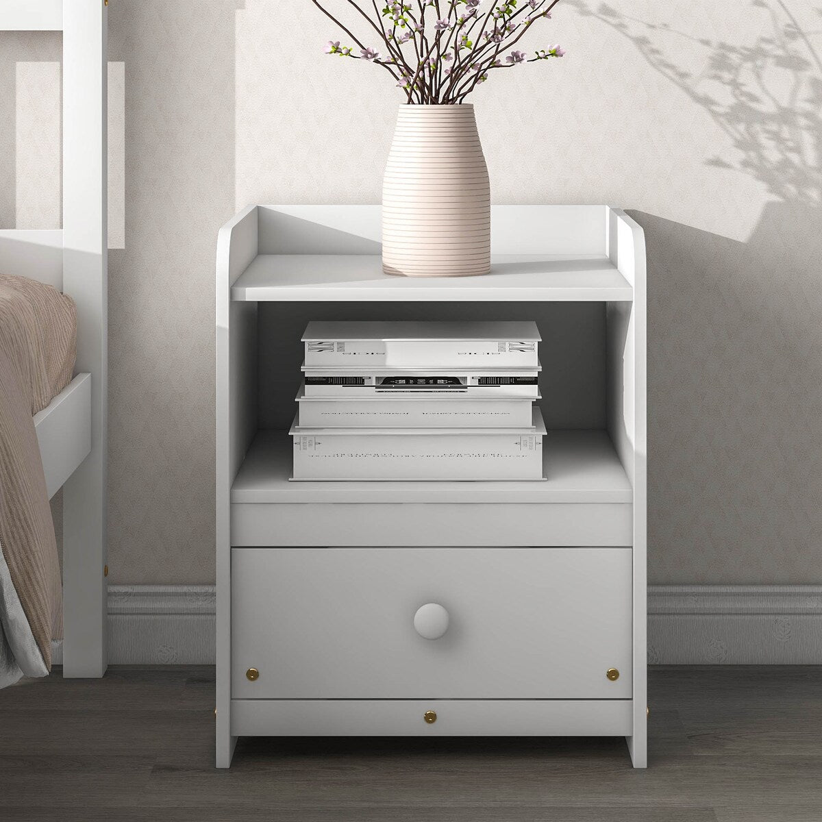 White Twin SizeModern Bed with Nightstand, Ideal for Kids, Teens, and Adults, Sturdy Construction, No Box Spring Needed