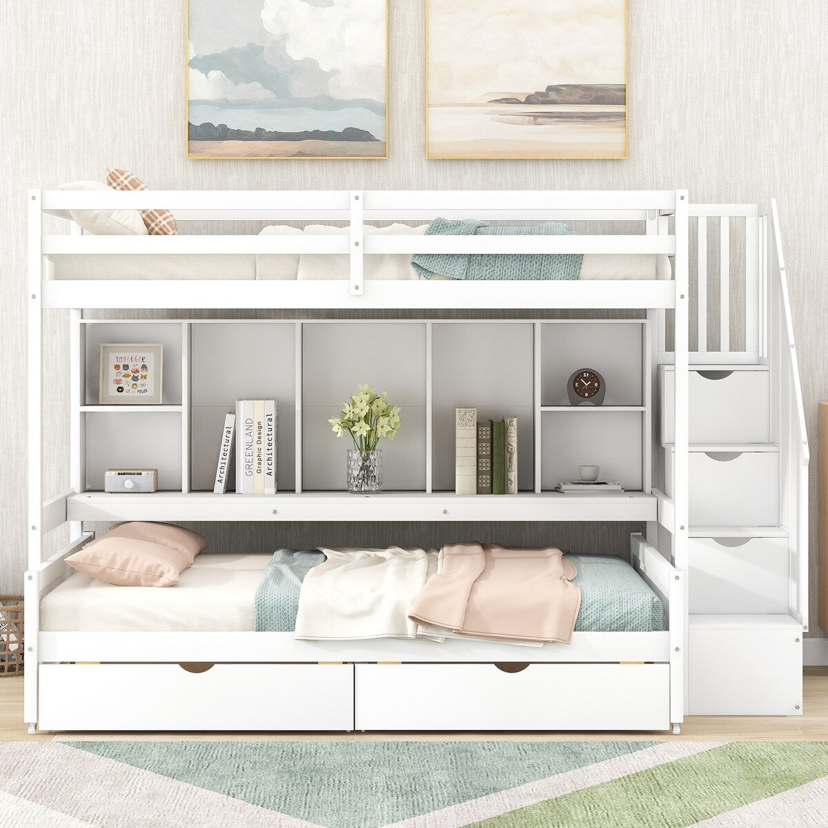 White twin over full bunk bed with storage 2025