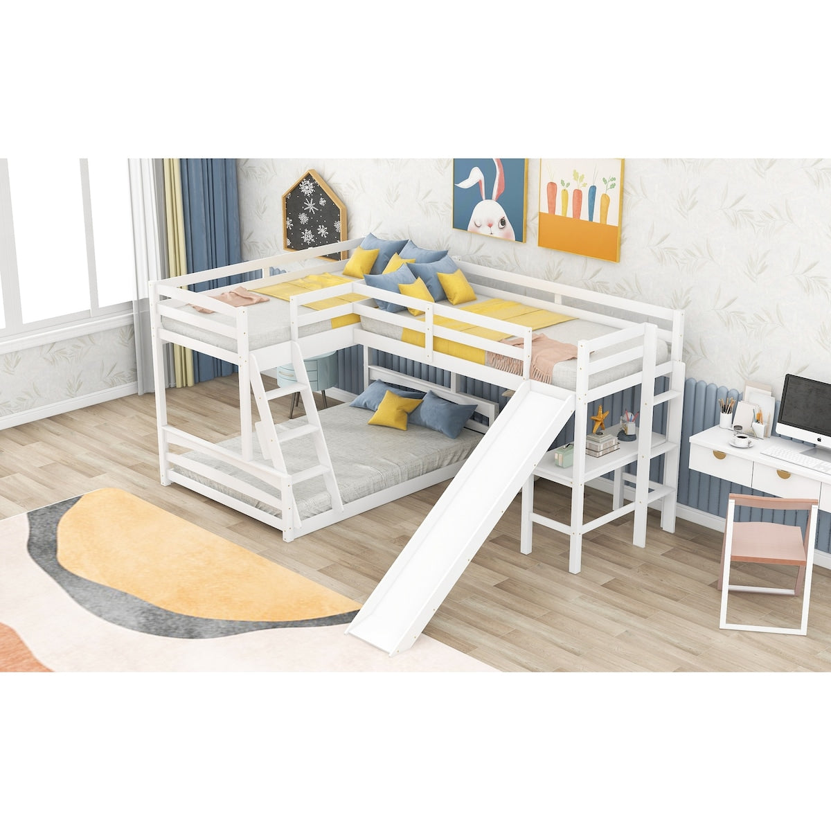 White Twin over Full Wood Bunk Bed with Twin Size Loft Bed with Desk and Slide, Full-Length Guardrail