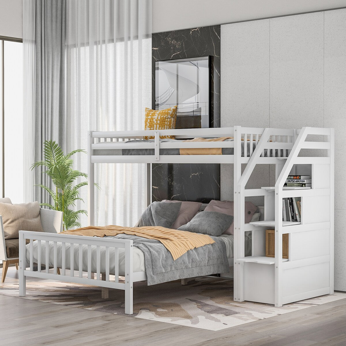 White Twin over Full Wood Loft Bed with Staircase 97.2 L 78.4 W 61. Overstock