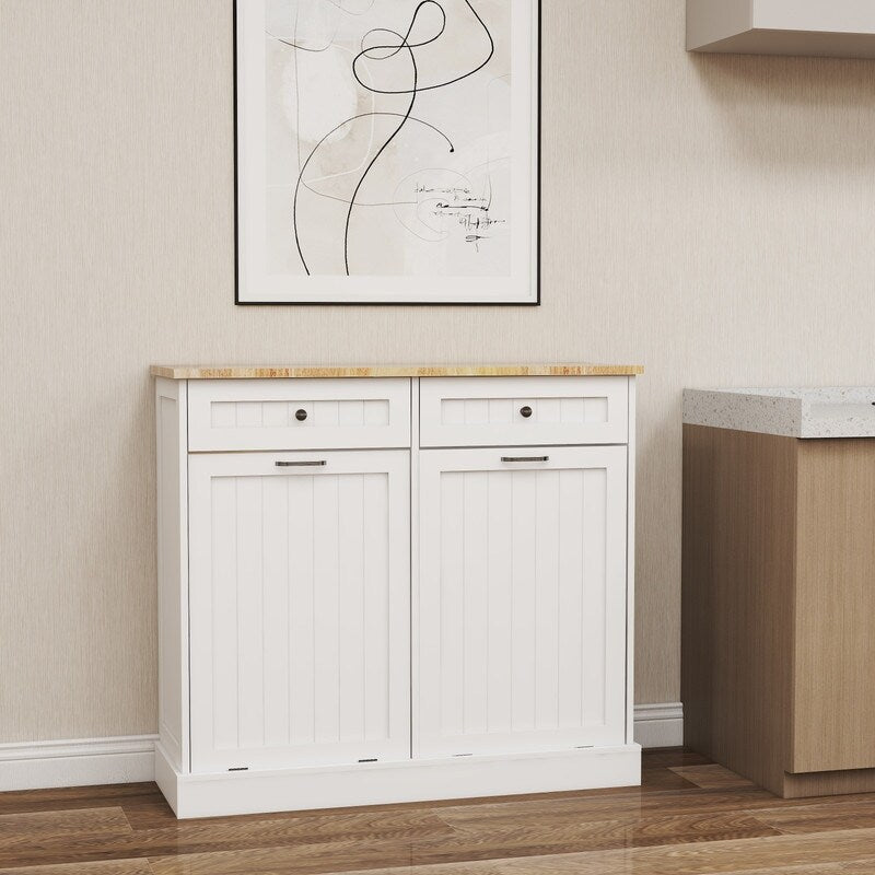 White Two Drawers and Two-Compartment Tilt-Out Trash Cabinet,itchen Trash Cabinet