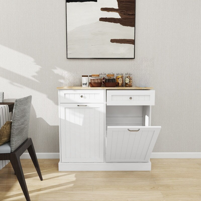 White Two Drawers and Two-Compartment Tilt-Out Trash Cabinet,itchen Trash Cabinet