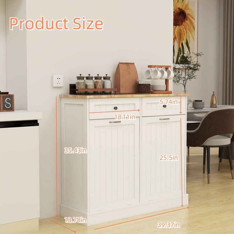 White Two Drawers and Two-Compartment Tilt-Out Trash Cabinet,itchen Trash Cabinet