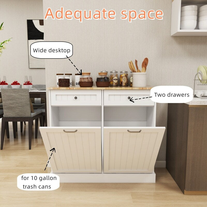 White Two Drawers and Two-Compartment Tilt-Out Trash Cabinet,itchen Trash Cabinet