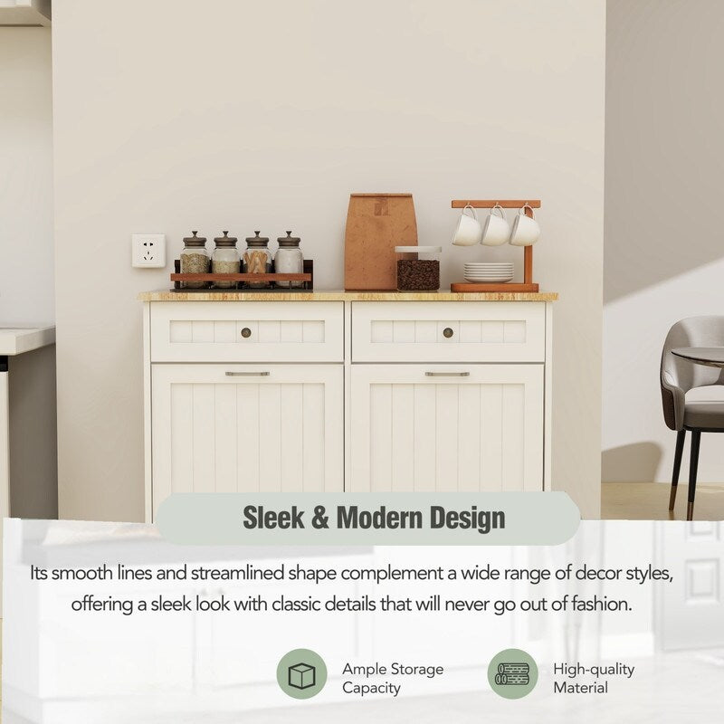 White Two Drawers and Two-Compartment Tilt-Out Trash Cabinet,itchen Trash Cabinet