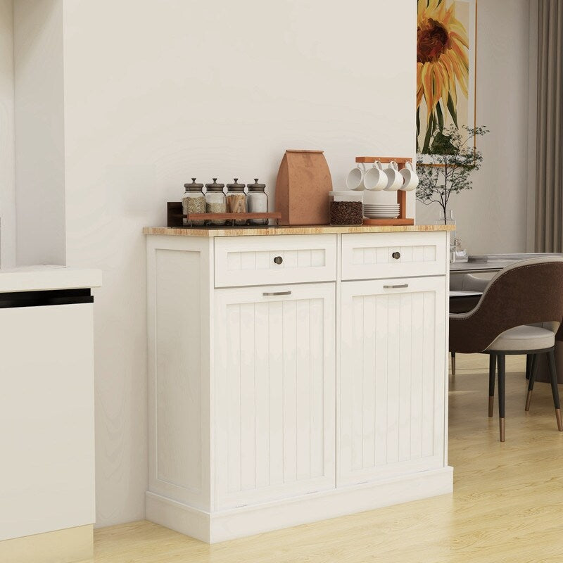 White Two Drawers and Two-Compartment Tilt-Out Trash Cabinet,itchen Trash Cabinet