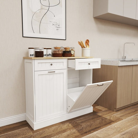 White Two Drawers and Two-Compartment Tilt-Out Trash Cabinet,itchen Trash Cabinet