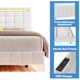 White Upholstered Floating Platform: Usb Charging, Led Lights