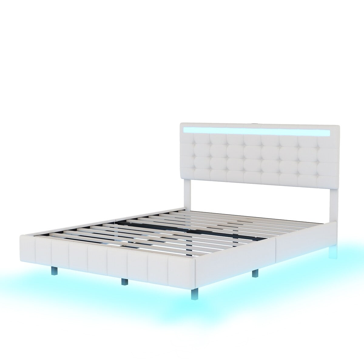 White Upholstered Floating Platform: Usb Charging, Led Lights